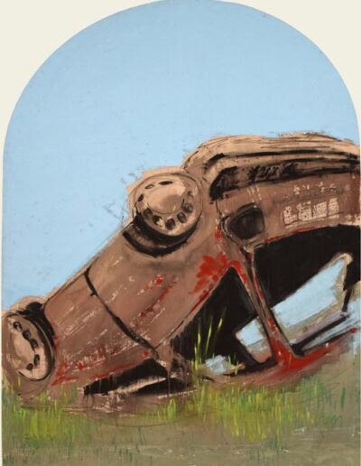 Coche volcado. Chanivet. Óleo/ lienzo. 330 X 183 cm.