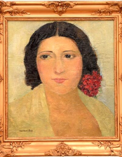 Mujer con geranio. Carmen Osés. Oleo / Tabla. 39 x 39,5 cm.